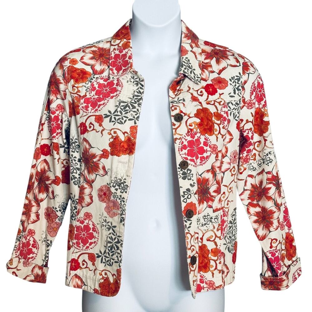 Appleseed's Floral Twill Jacket Red Fuchsia Long Sleeve Cotton Cottage Size M